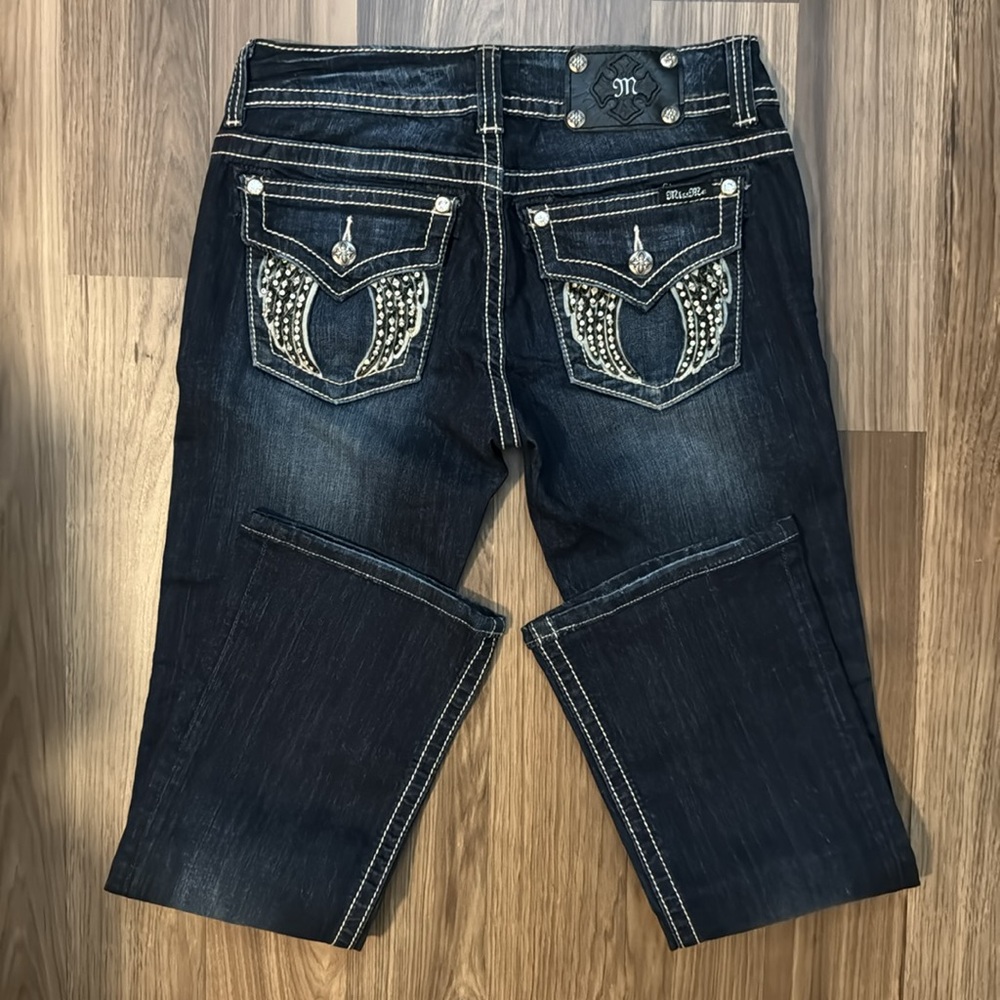 Miss Me Angel Wings Dark Wash Fade Rhinestones Embroidered Stitching Jeans 29